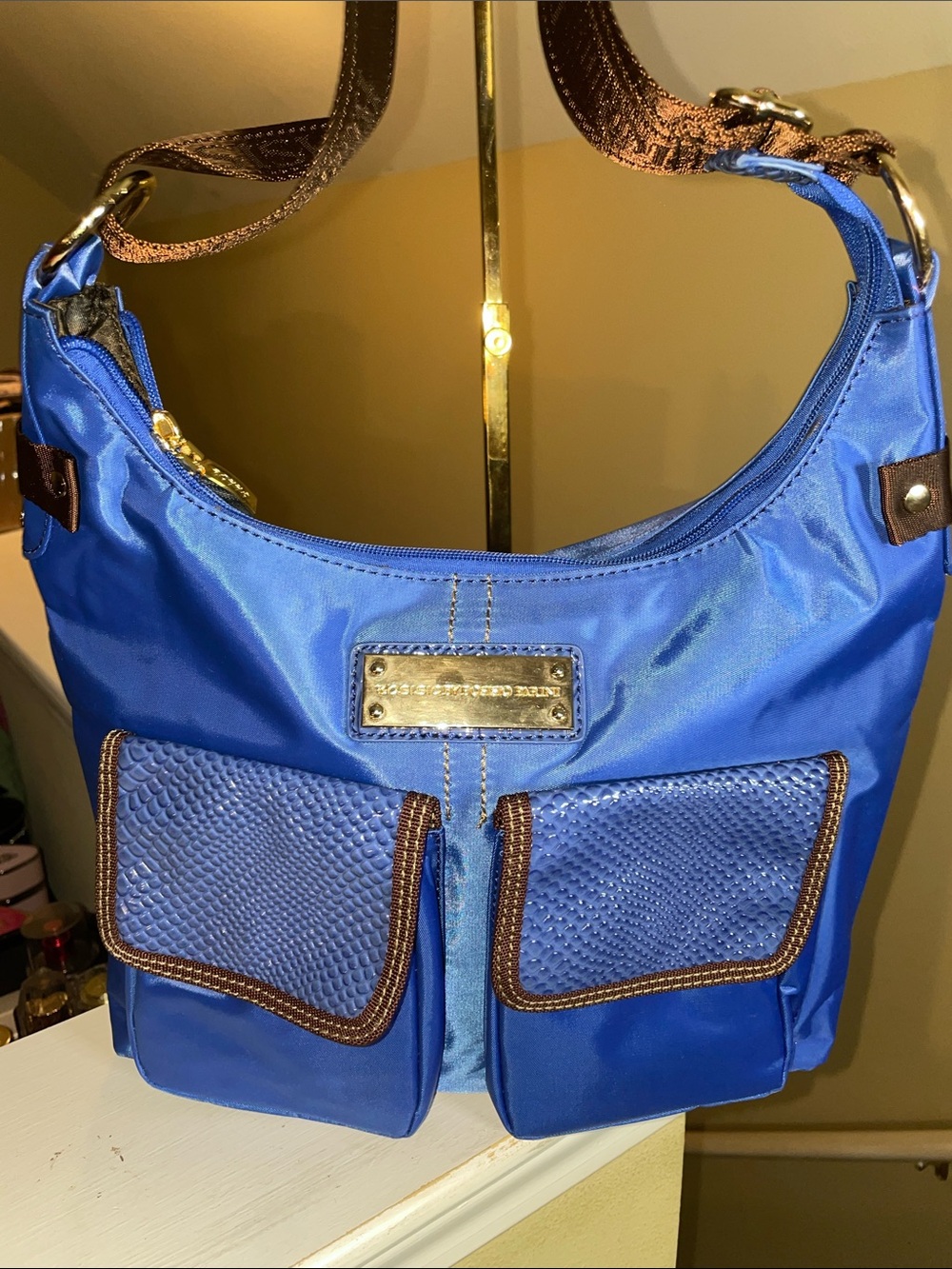 Blue Women's Nylon Shoulder Bag with Front Pockets